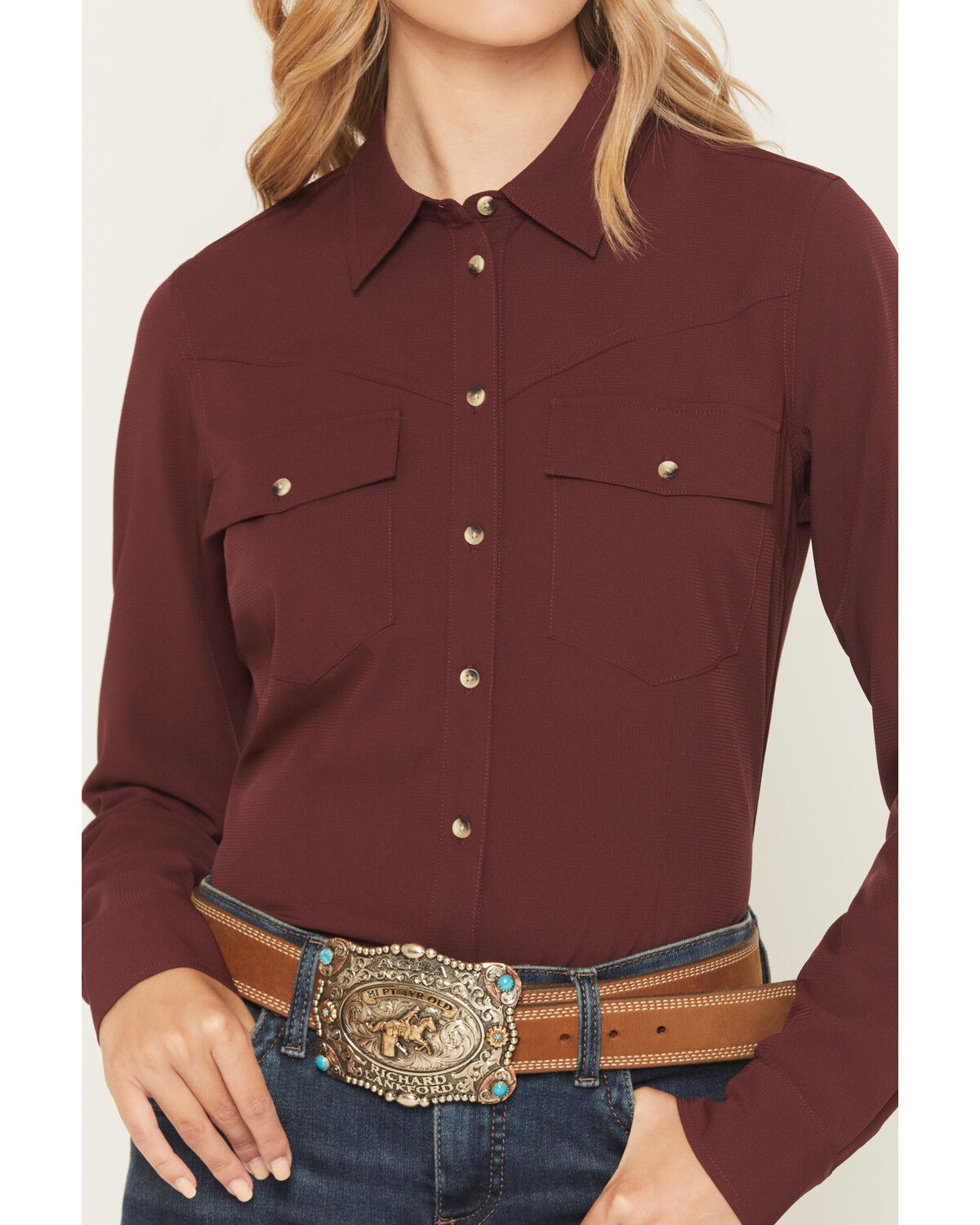 Image #3 - Shyann Women's Solid Long Sleeve Button-Down Stretch Performance Shirt, Brick Red, hi-res