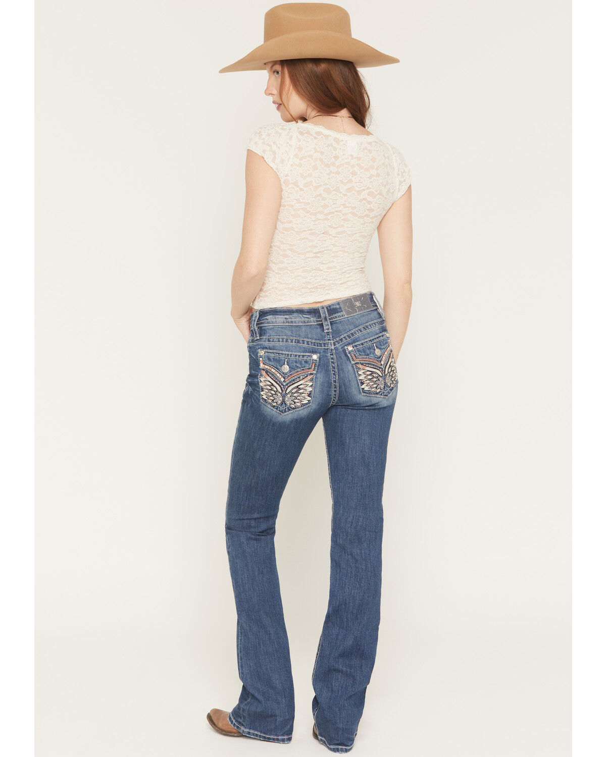 Image #1 - Miss Me Women's Medium Wash Mid Rise Wing Pocket 34" Bootcut Stretch Denim Jeans, Medium Wash, hi-res