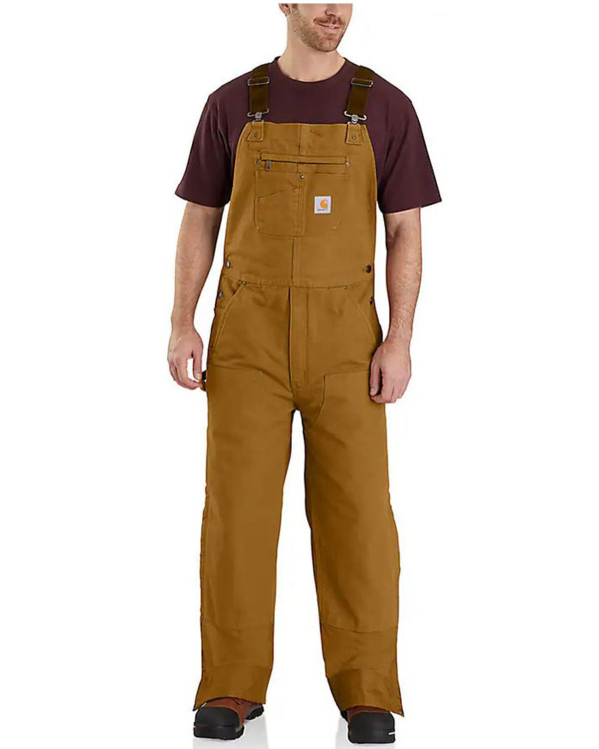 Carhartt Men's Quilt Lined Washed Bib Work Overalls, Brown, hi-res