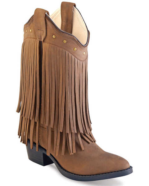 Image #1 - Old West Girls' Fringe Western Boots - Pointed Toe, Brown, hi-res