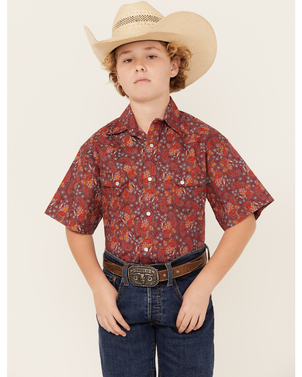 Rock & Roll Denim Boys' Paisley Print Short Sleeve Pearl Snap Stretch Western Shirt, Red, hi-res