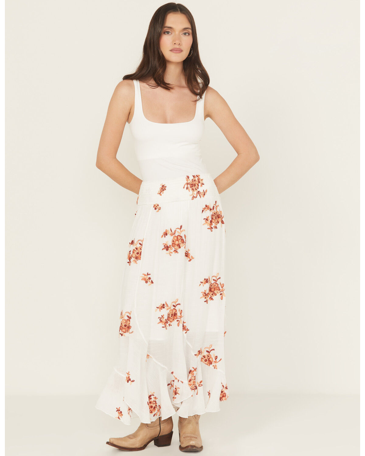 Wild Moss Women's Embroidered Midi Skirt, White, hi-res