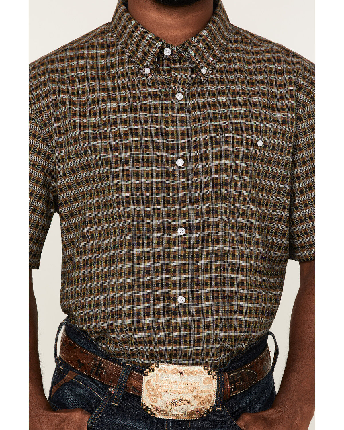 Image #3 - RANK 45&reg; Men's Steer Small Plaid Print Short Sleeve Button-Down Western Shirt, Black, hi-res