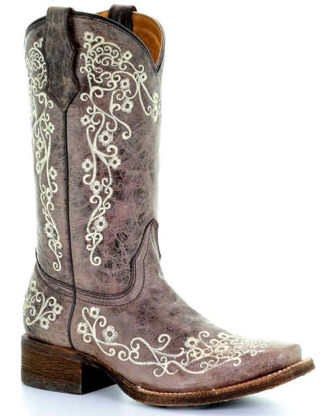 Image #1 - Corral Kids' Embroidered Square Toe Western Boots, Brown, hi-res