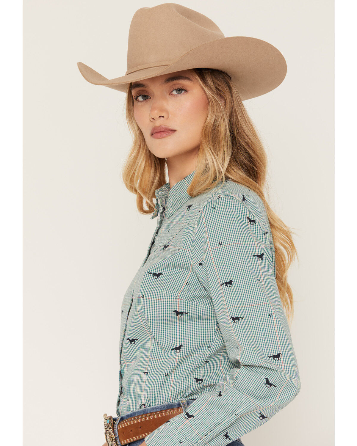 Image #2 - Wrangler Retro Women's Running Horse Plaid Print Long Sleeve Snap Western Shirt, Green, hi-res