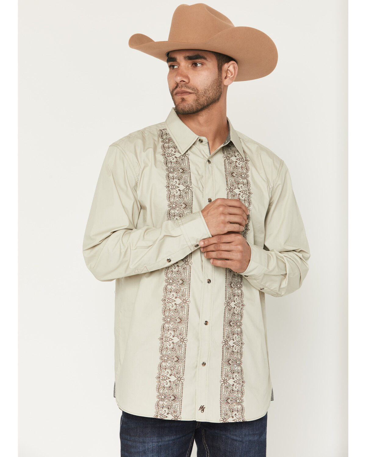 Moonshine Spirit&reg; Men's Heart Embroidered Long Sleeve Snap Western Shirt, Tan, hi-res