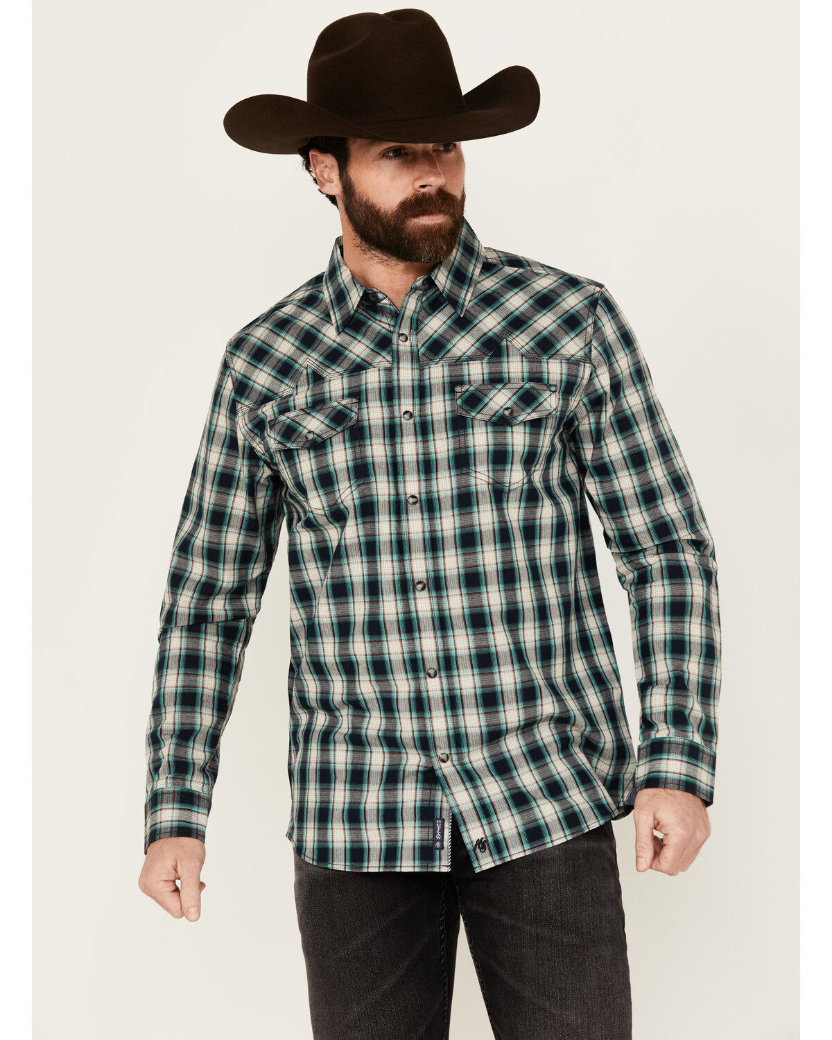 Image #1 - Moonshine Spirit&reg; Men's Autograph Plaid Print Long Sleeve Snap Western Shirt, Navy, hi-res