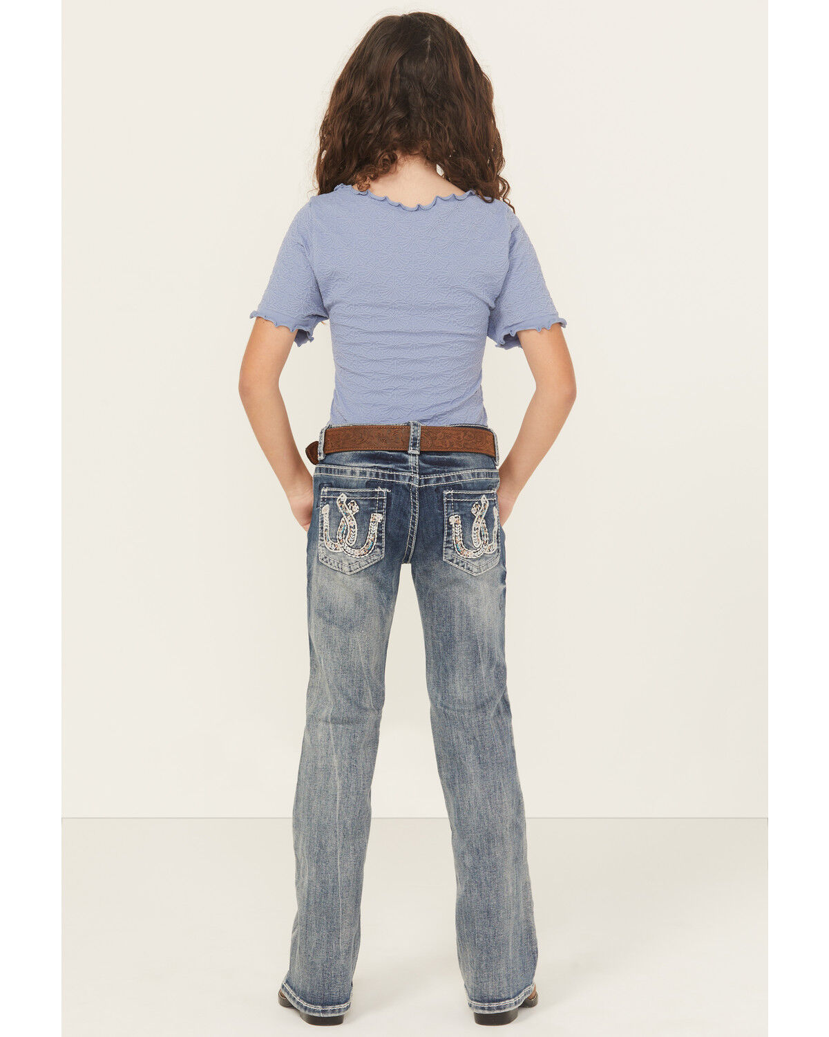 Grace in LA Little Girls' Light Wash Double Horseshoe Pocket Bootcut Stretch Denim Jeans, Blue, hi-res