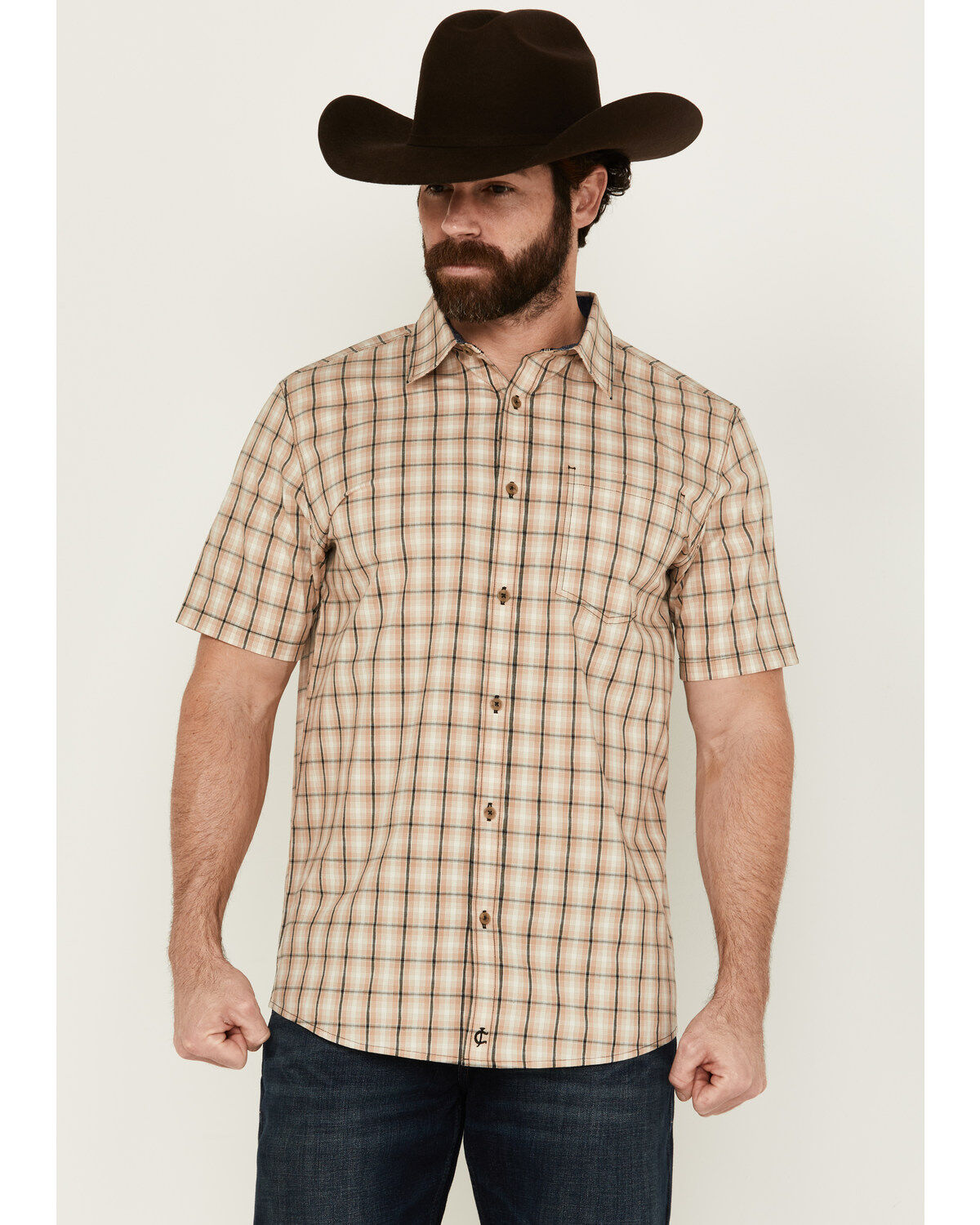 Image #1 - Cody James Men's Adios Plaid Print Short Sleeve Button-Down Western shirt, Tan, hi-res
