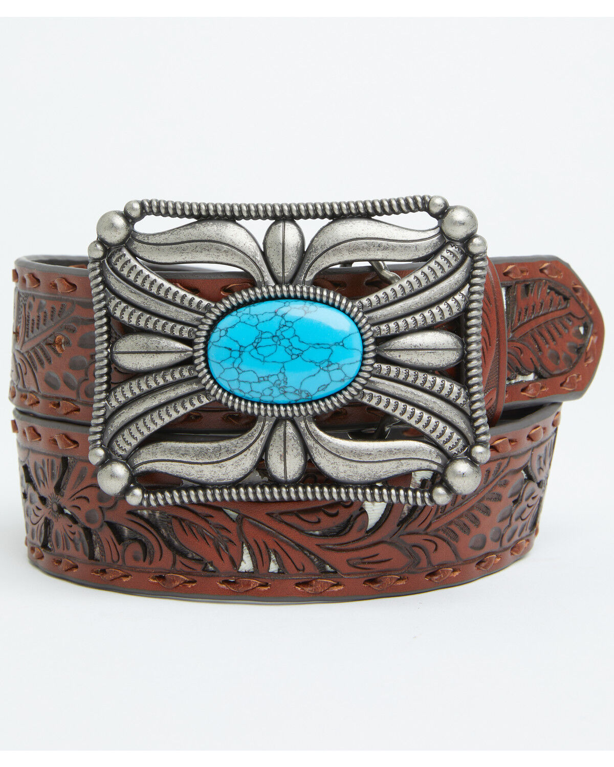 Image #1 - Shyanne Women's Indiana Inlay Filigree Leather Buckle Belt, Brown, hi-res