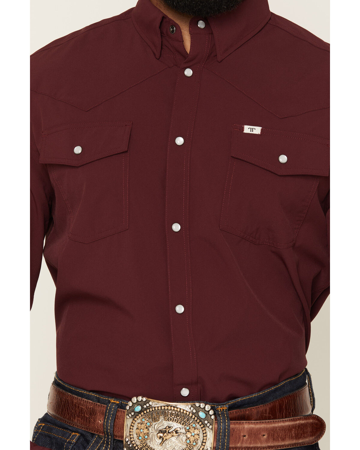 Image #3 - Ferrell Men's Tek Solid Short Sleeve Pearl Snap Stretch Performance Western Shirt, Maroon, hi-res