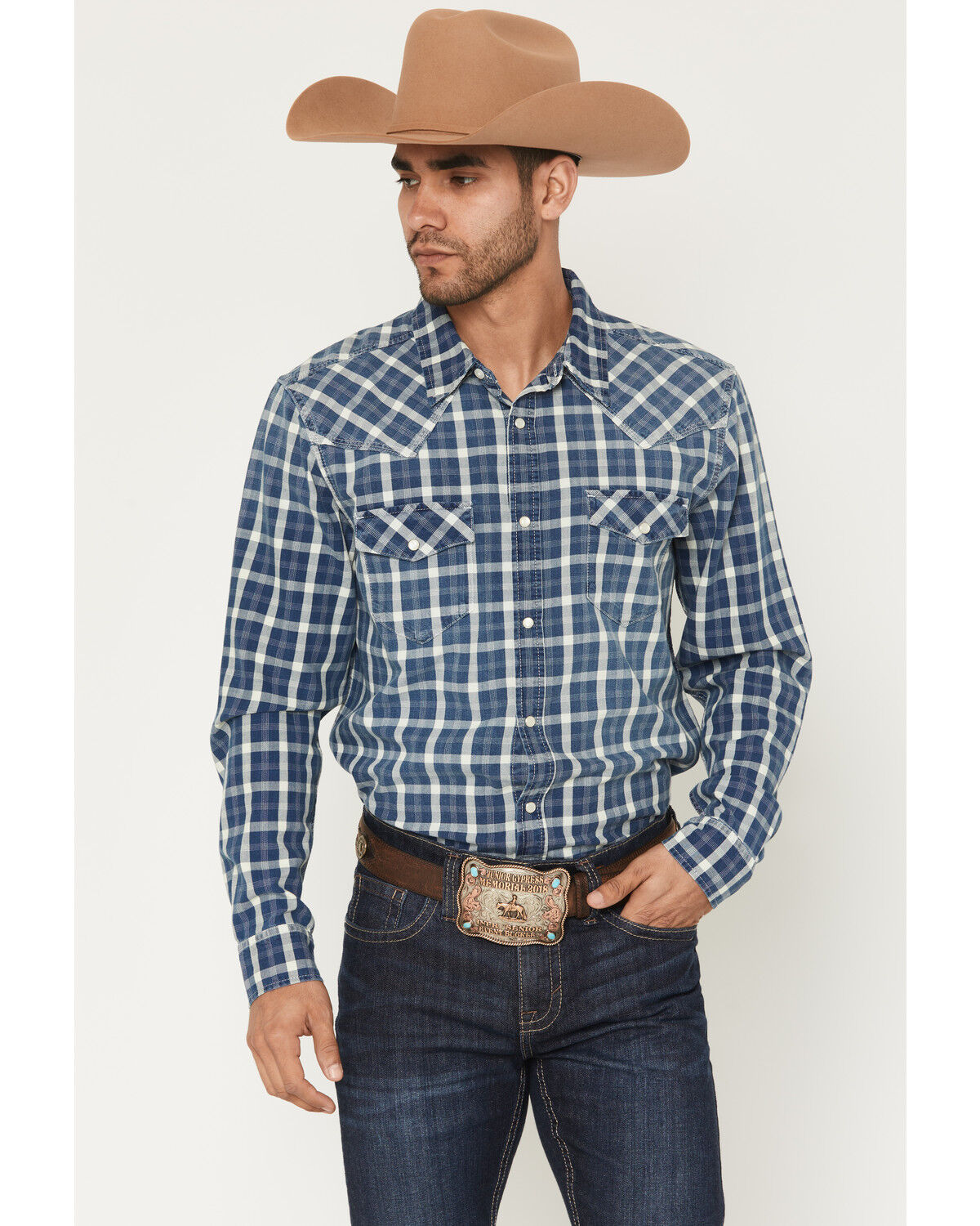 Cody James Men's Conaway Denim Plaid Print Long Sleeve Snap Western Shirt, Blue, hi-res