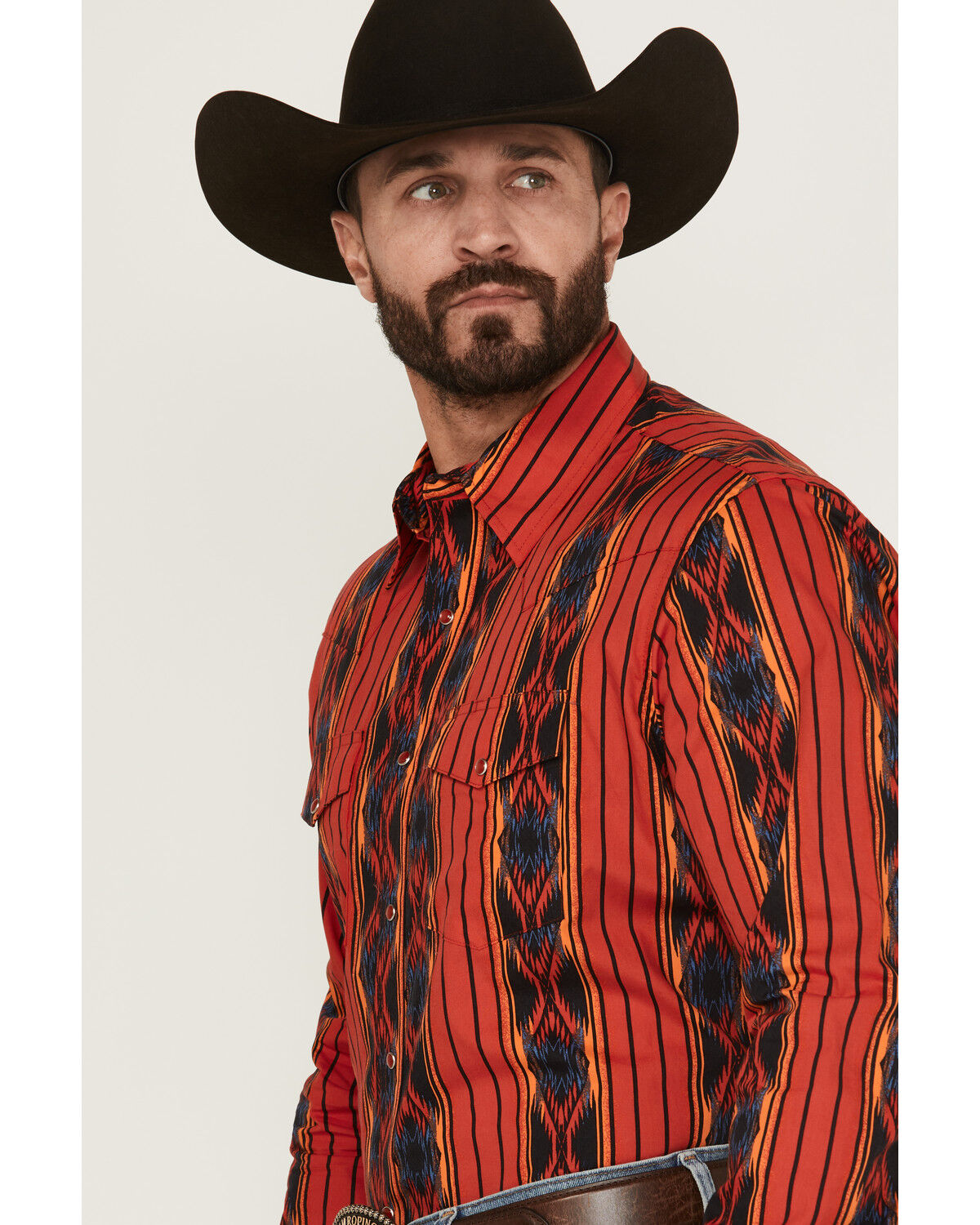 Image #2 - Wrangler Men's Checotah Southwestern Striped Print Long Sleeve Pearl Snap Western Shirt - Tall, Red, hi-res