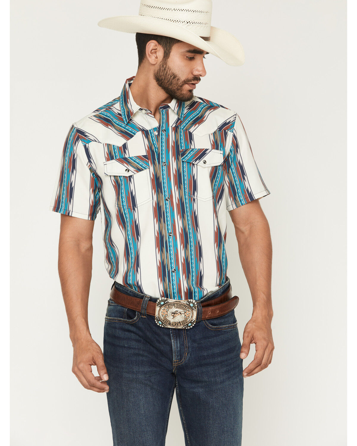 Image #1 - RANK 45&reg; Men's Guadalajara Southwestern Striped Short Sleeve Snap Performance Western Shirt, Multi, hi-res