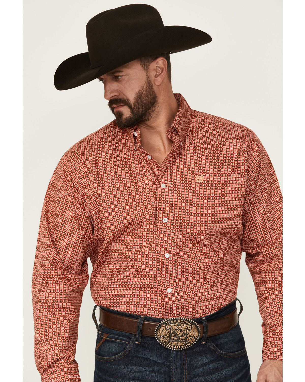 Cinch Men's Geo Print Long Sleeve Button-Down Western Shirt, Red, hi-res