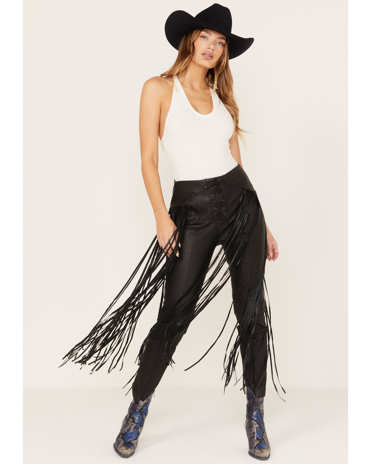 Image #2 - Wonderwest Women's Leather Fringe Pants, Black, hi-res