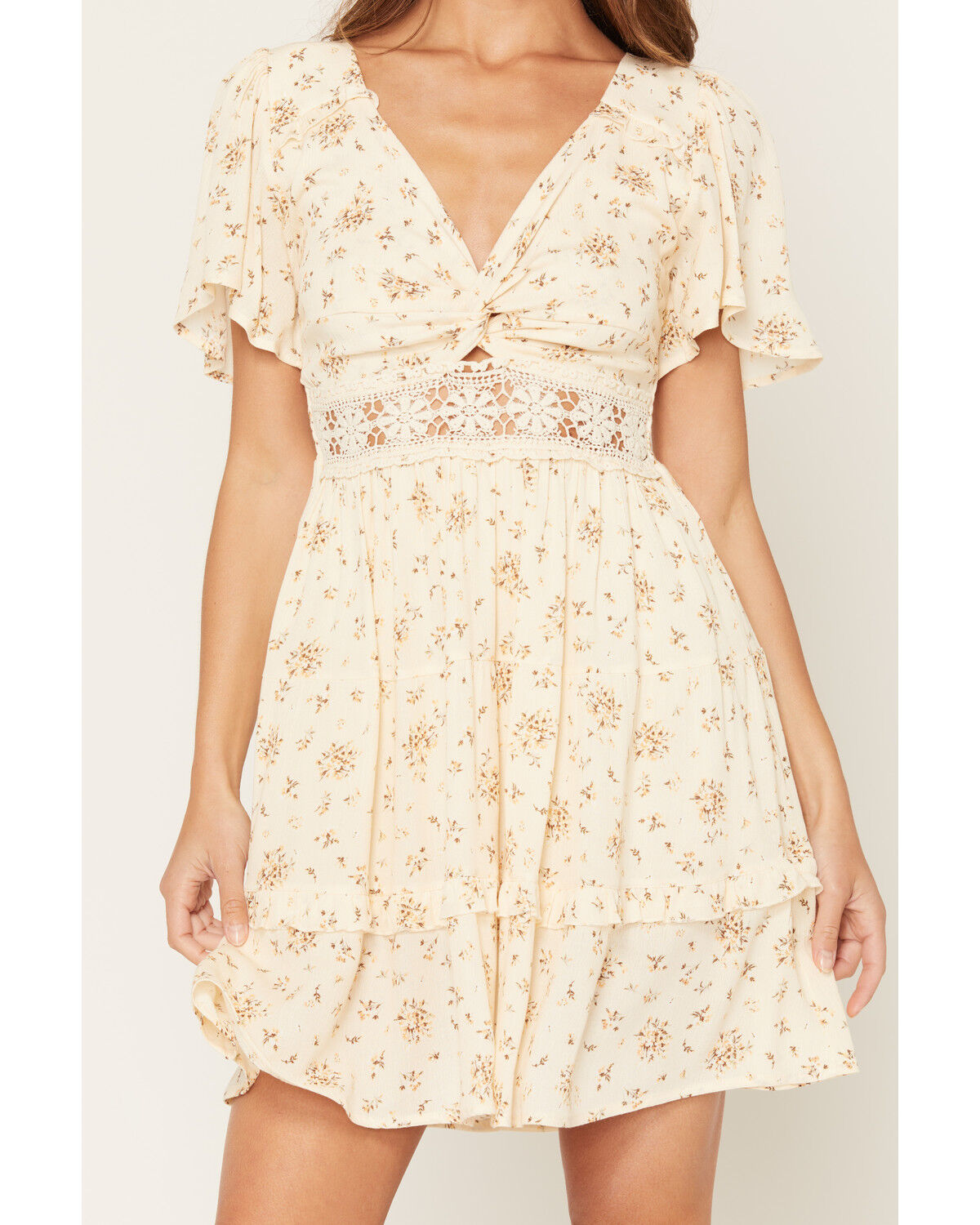 Image #3 - Wild Moss Women's Floral Print Crochet Inset Mini Dress, Cream, hi-res