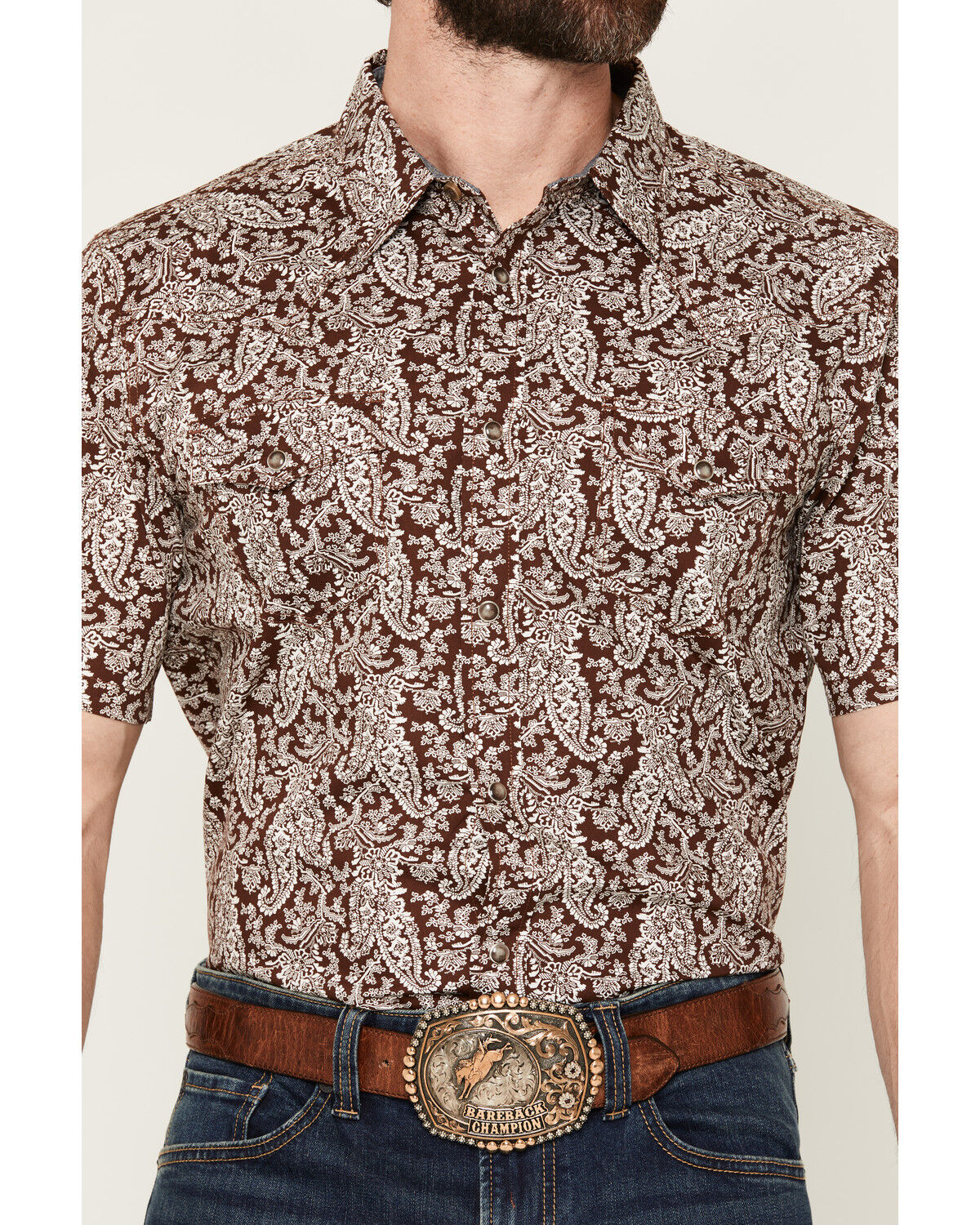 Image #3 - Cody James Men's Rusted Gate Paisley Print Short Sleeve Snap Western Shirt, Brown, hi-res