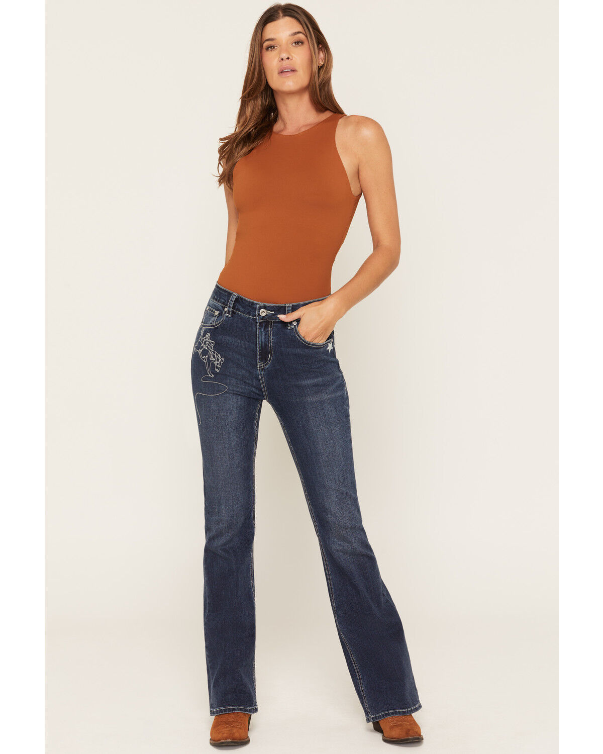 Image #3 - Grace in LA Women's Dark Wash Yeehaw Pocket Flare Stretch Denim Jeans, Dark Wash, hi-res