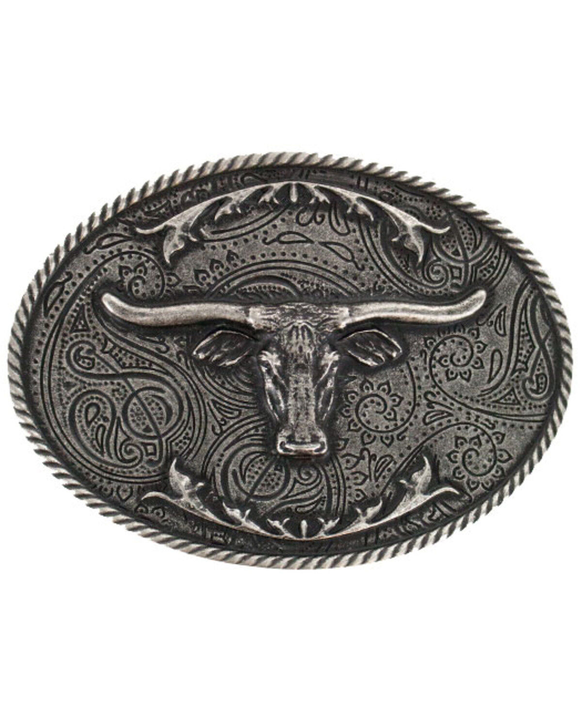 Cody James&reg; Longhorn Antiqued Silver-Tone Oval Belt Buckle, Silver, hi-res