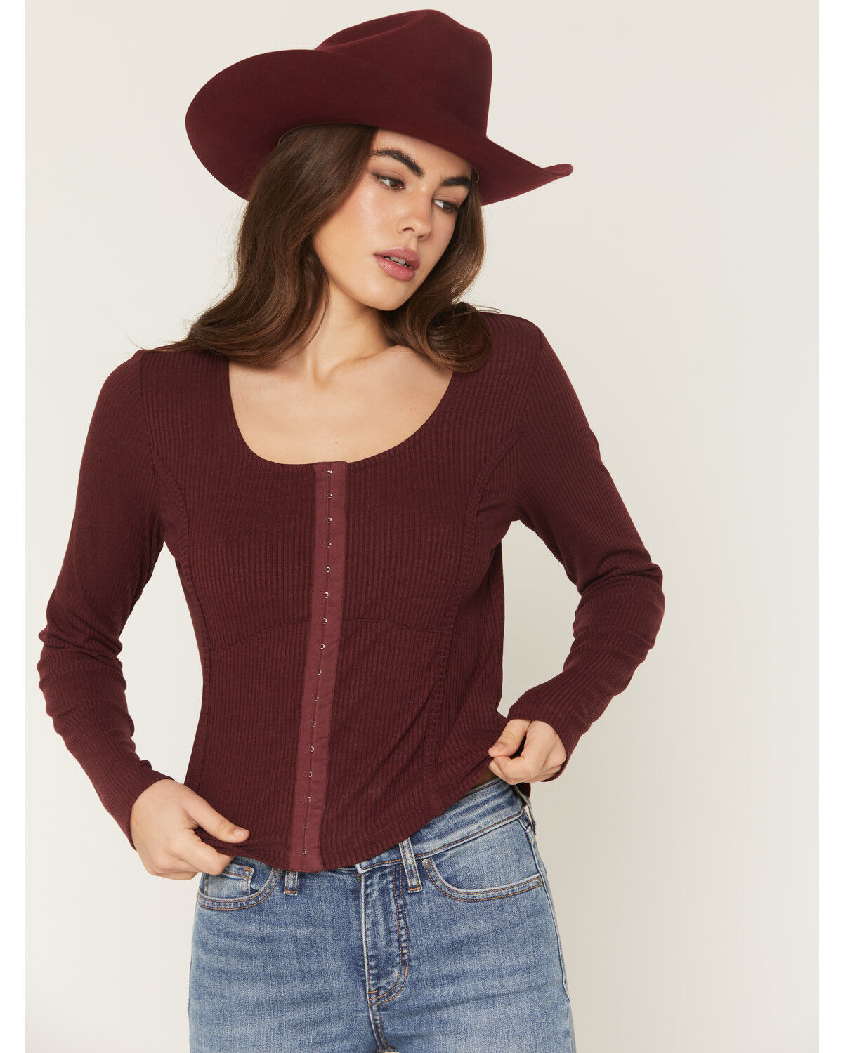 Image #1 - Shyanne Women's Maddox Solid Rib Knit Long Sleeve Shirt, Brick Red, hi-res