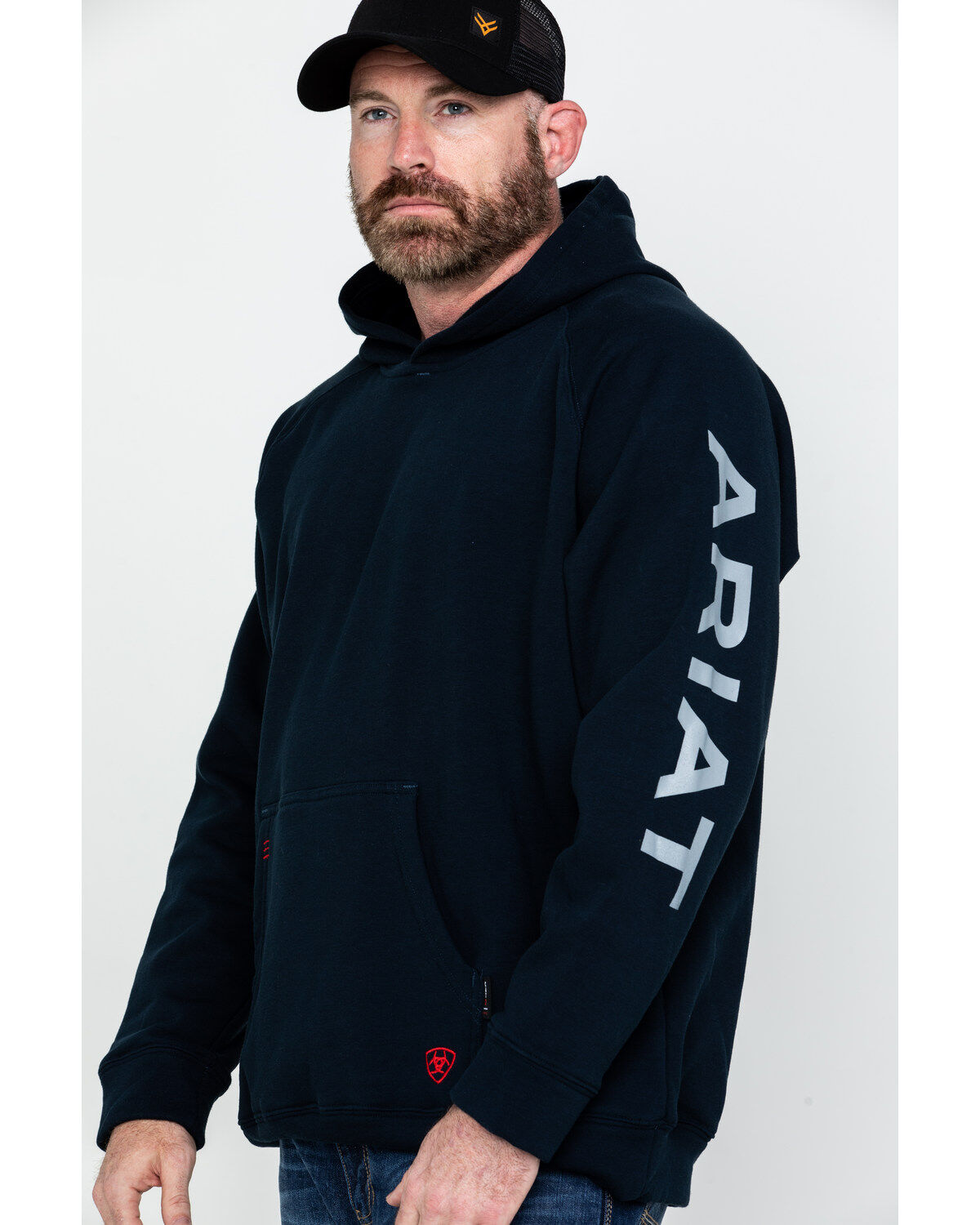 Image #3 - Ariat Men's FR Primo Fleece Logo Hooded Work Sweatshirt - Big, Navy, hi-res