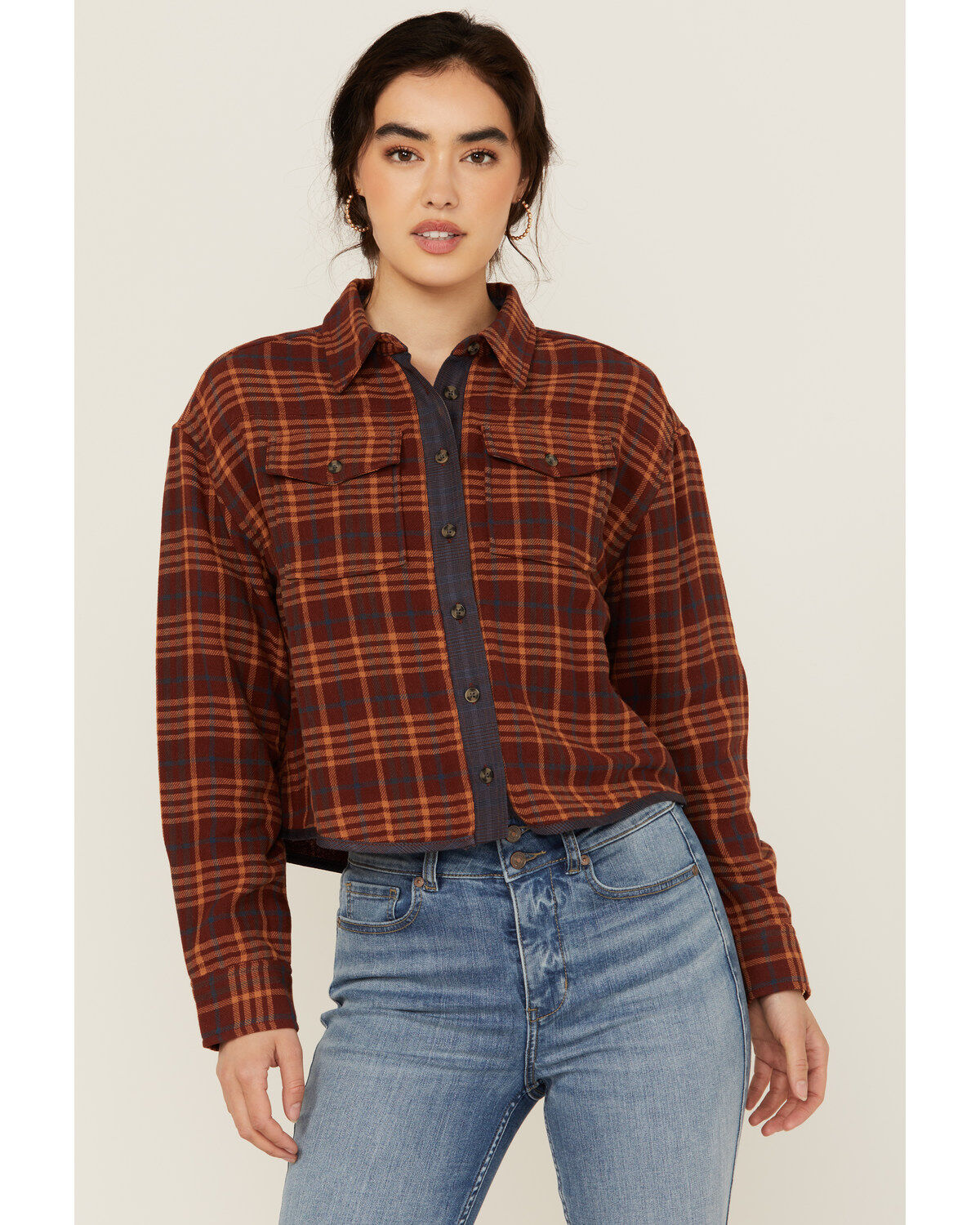 Cleo + Wolf Women's Chelsea Plaid Print Long Sleeve Button-Down Cropped Shirt, Brandy Brown, hi-res