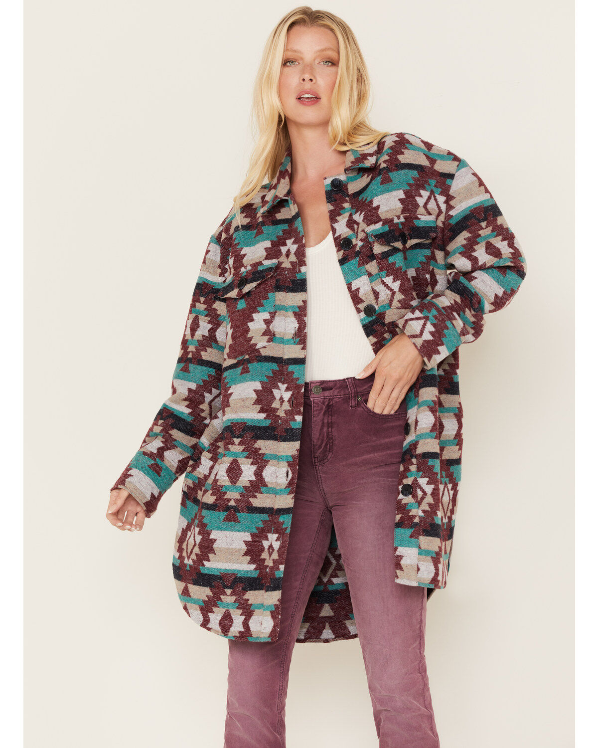Image #1 - Cripple Creek Women's Southwestern Print Shacket, Burgundy, hi-res