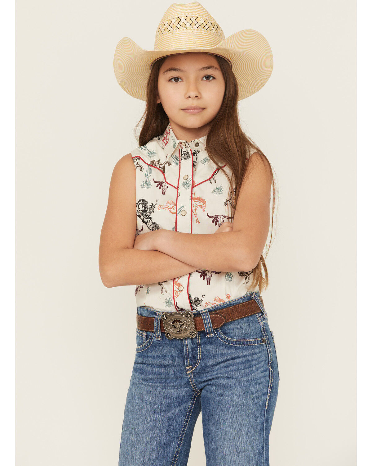 Rock & Roll Denim Girls' Conversation Print Sleeveless Snap Stretch Western Shirt, Ivory, hi-res