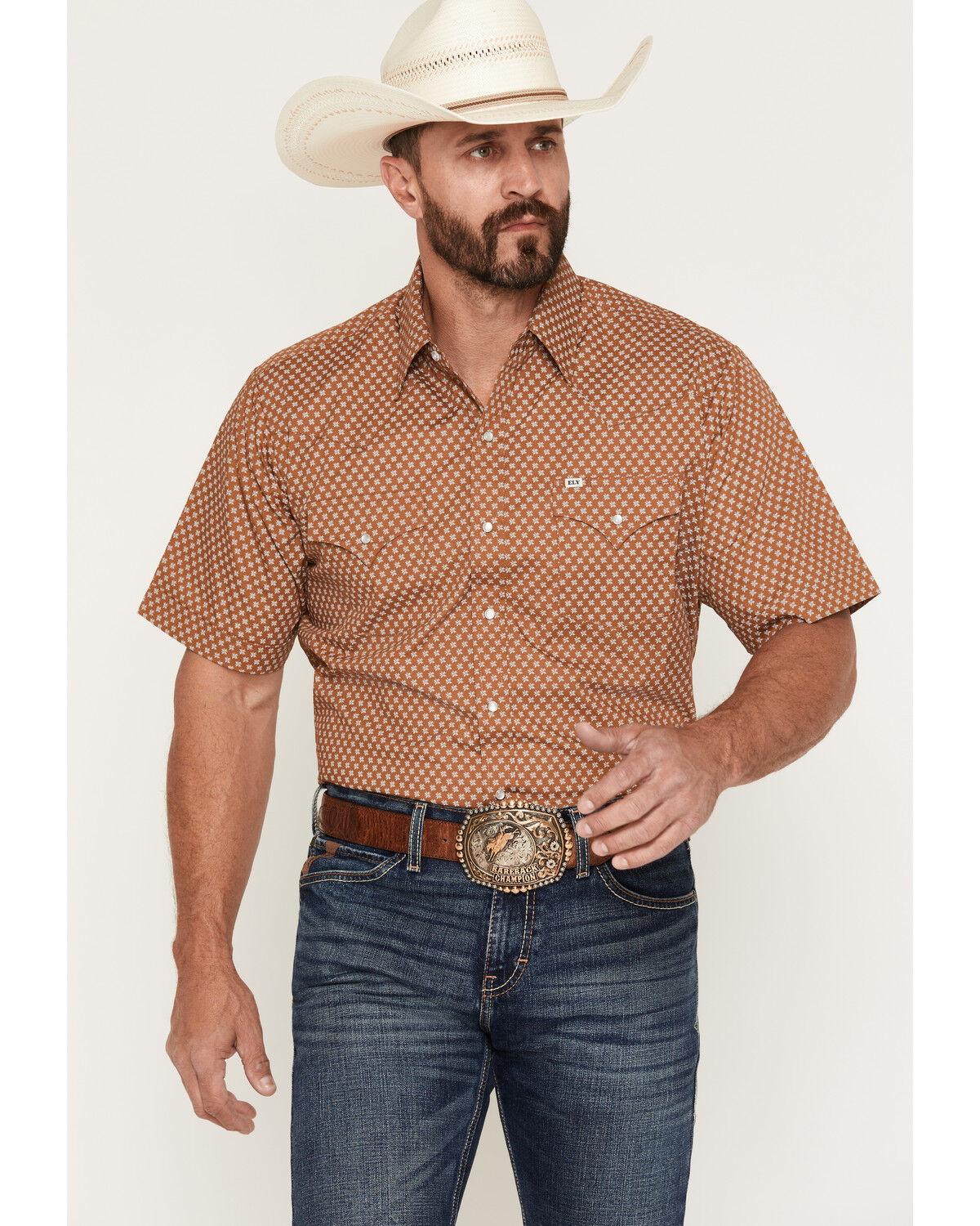 Ely Walker Men's Geo Print Short Sleeve Pearl Snap Western Shirt - Tall, Tan, hi-res