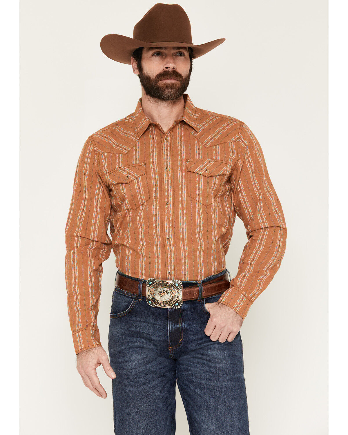 Image #1 - Gibson Trading Co Men's Red Rock Striped Print Long Sleeve Snap Western Shirt, Rust Copper, hi-res