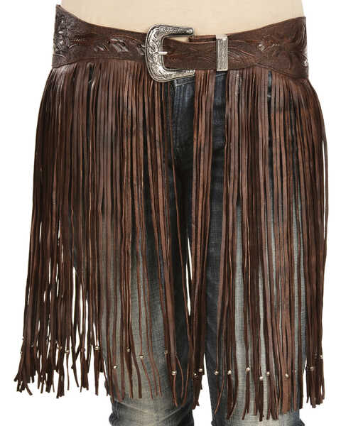 Image #5 - Kobler Leather Women's Hand-Tooled Beaded Fringe Belt, Brown, hi-res