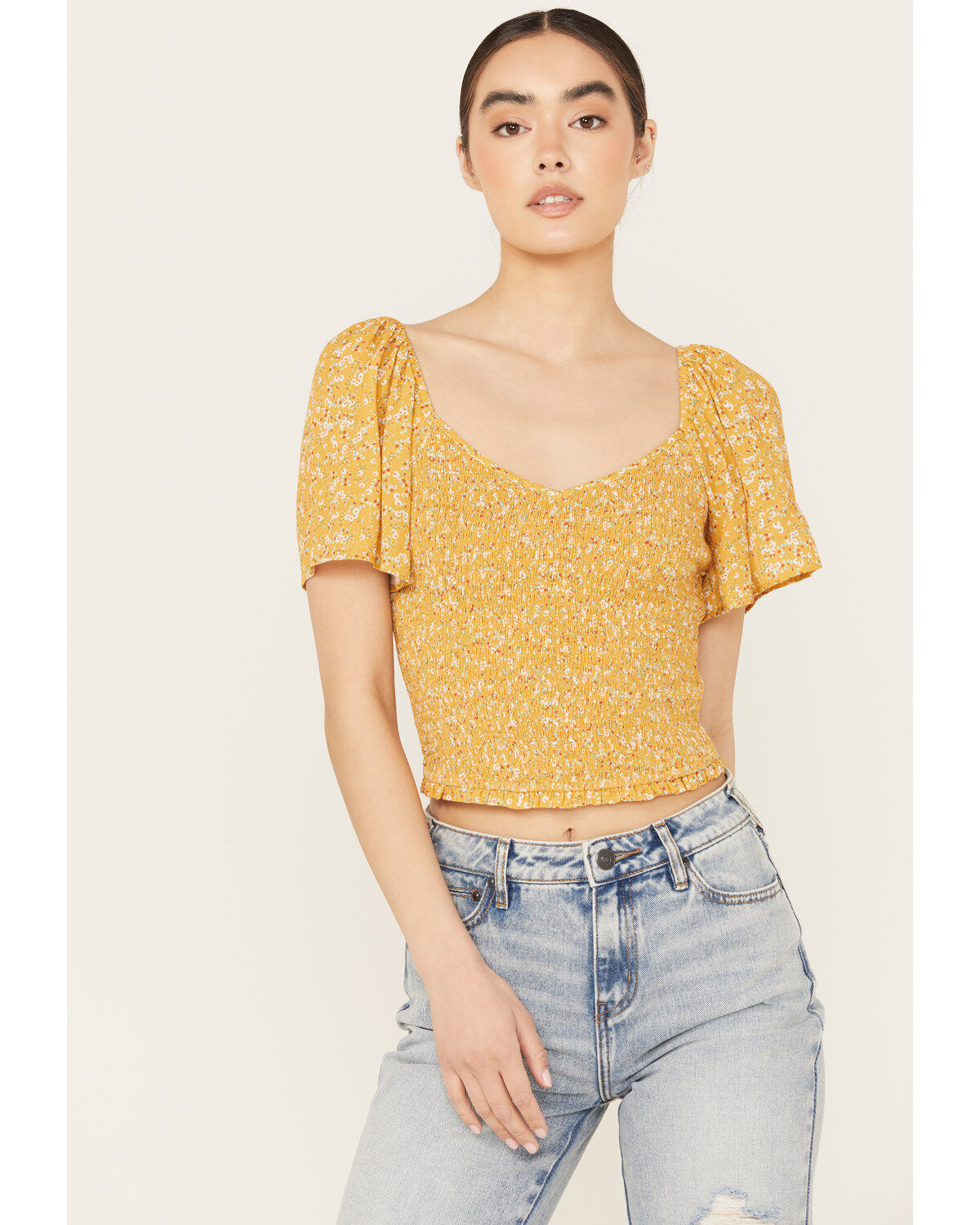 Image #1 - Beyond The Radar Women's Floral Printed Smocked Top, Mustard, hi-res