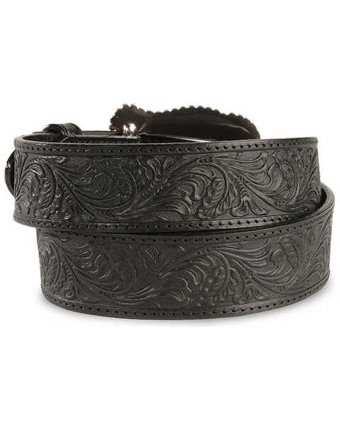 Image #4 - Tony Lama Floral Embossed Leather Belt, Black, hi-res