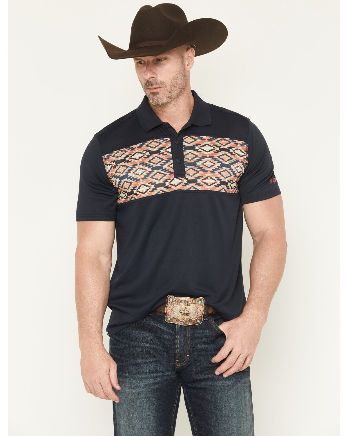 Image #1 - RANK 45&reg; Men's Southwestern Print Border Short Sleeve Button-Down Polo, Navy, hi-res