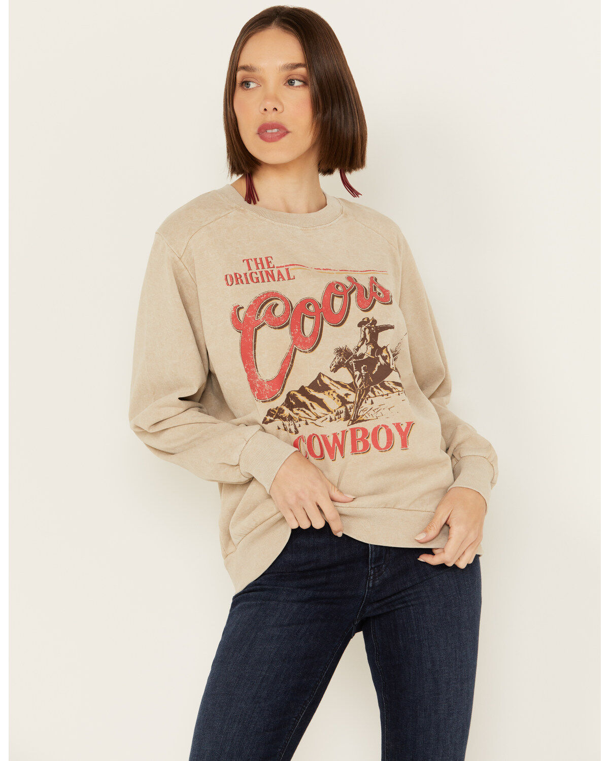 Coors Women's OG Coors Cowboy Graphic Crewneck Sweatshirt, Cream, hi-res