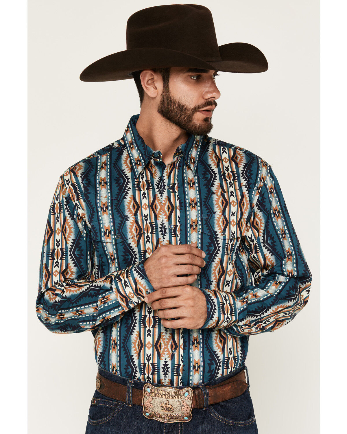 Wrangler Men's Checotah Southwestern Striped Long Sleeve Pearl Snap Western Shirt, Teal, hi-res