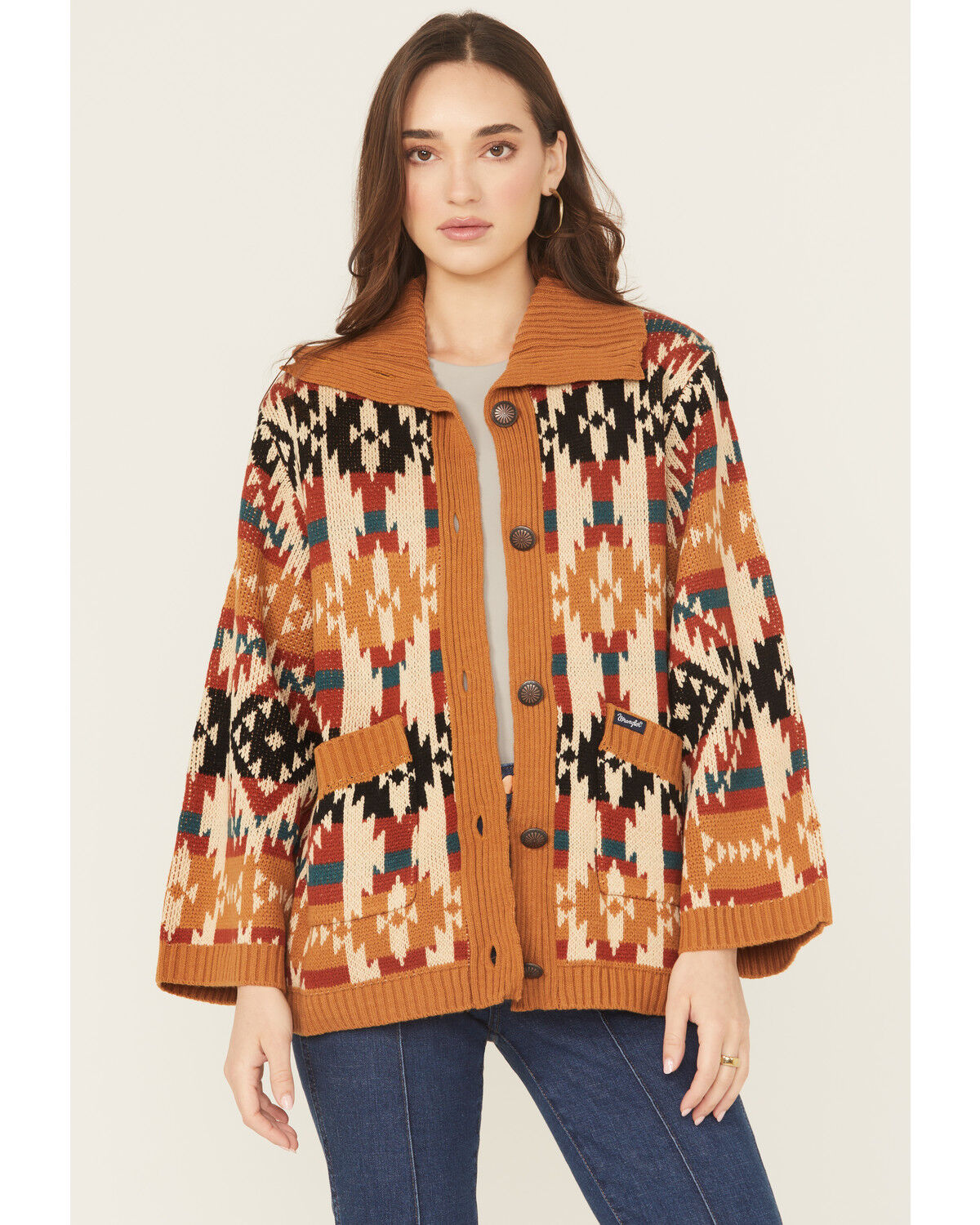 Wrangler Retro Women's Southwestern Button-Down Cardigan, Mustard, hi-res