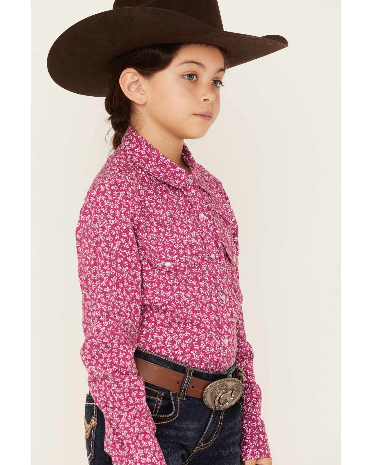 Image #2 - Shyanne Girls' Ditsy Floral Print Long Sleeve Western Pearl Snap Shirt, Fuchsia, hi-res