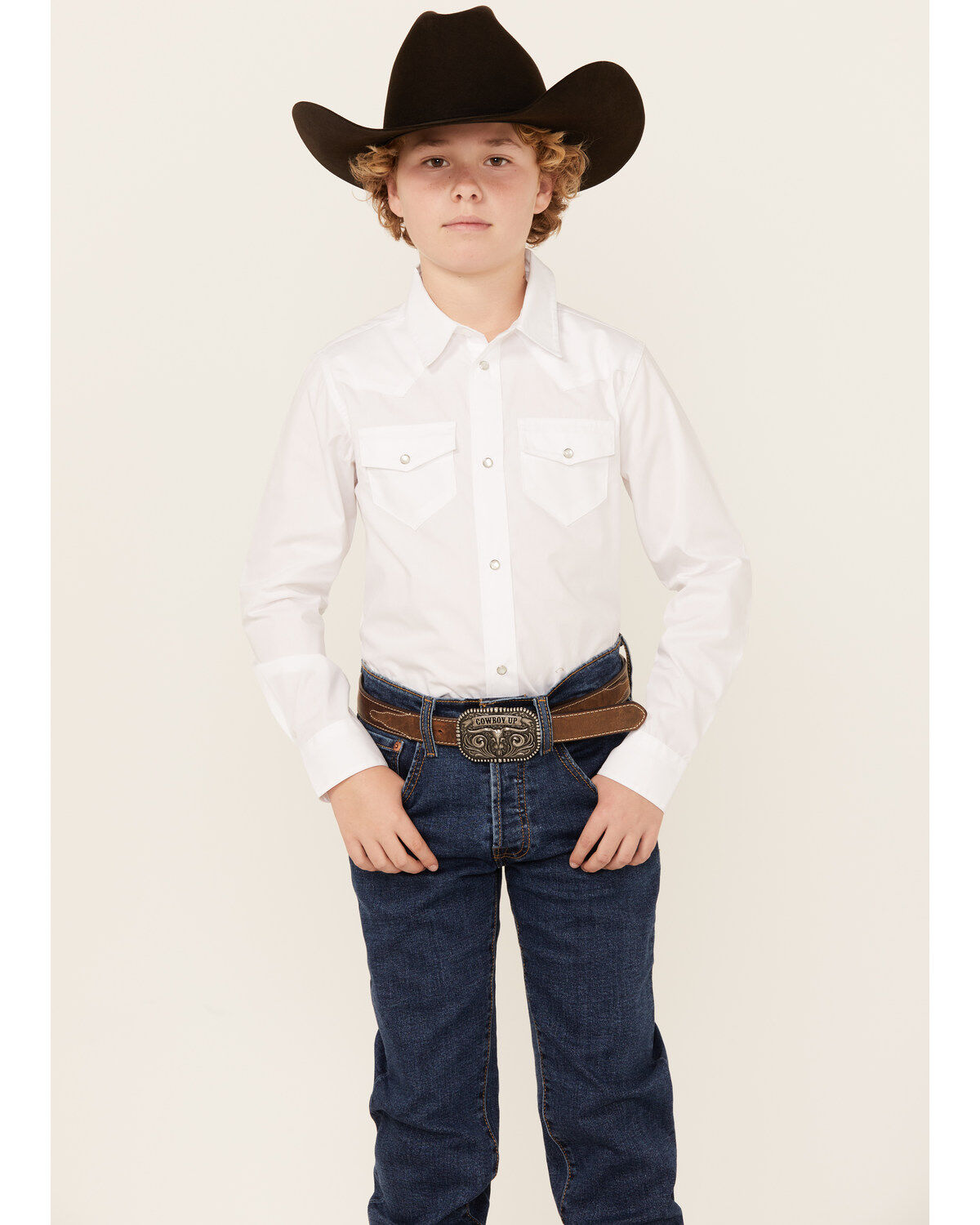 Image #1 - Gibson Trading Co Boys' Solid Long Sleeve Pearl Snap Western Shirt, White, hi-res