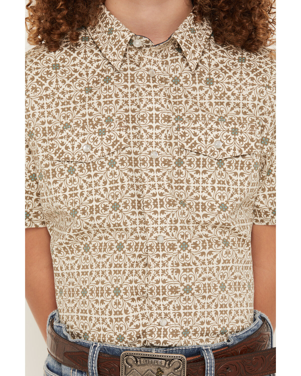 Image #3 - Cody James Boys' Mind Trap Geo Print Short Sleeve Pearl Snap Stretch Western Shirt, Gold, hi-res