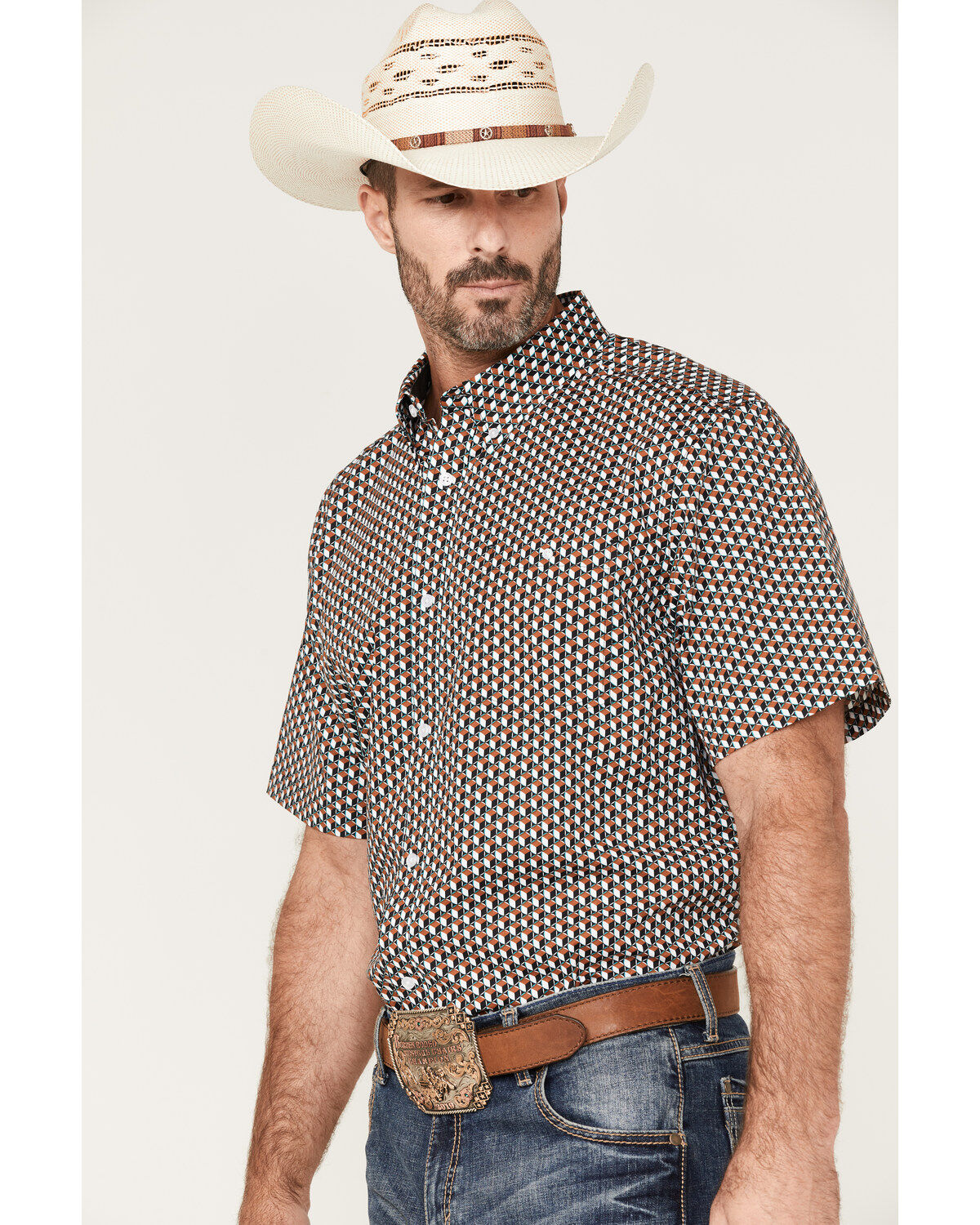 Image #2 - RANK 45&reg; Men's Turbo Geo Print Button-Down Western Shirt, Brown, hi-res