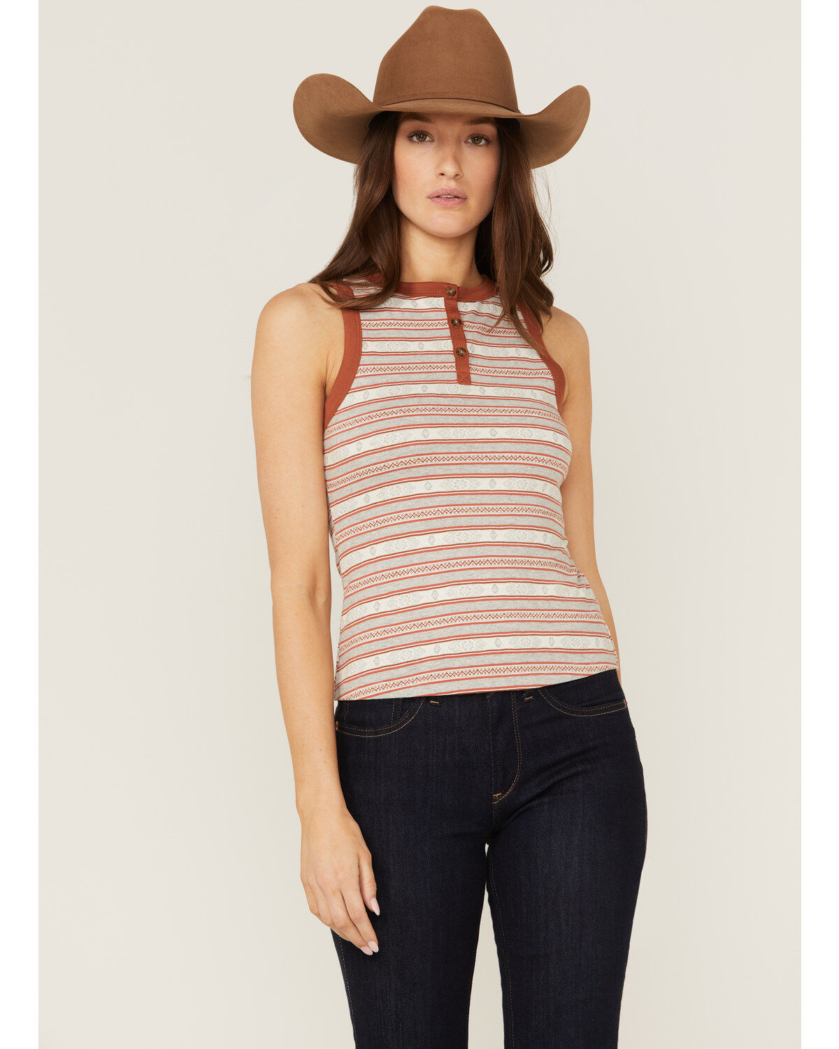Image #1 - RANK 45&reg; Women's Southwestern Stripe Henley Tank Top, Rust Copper, hi-res