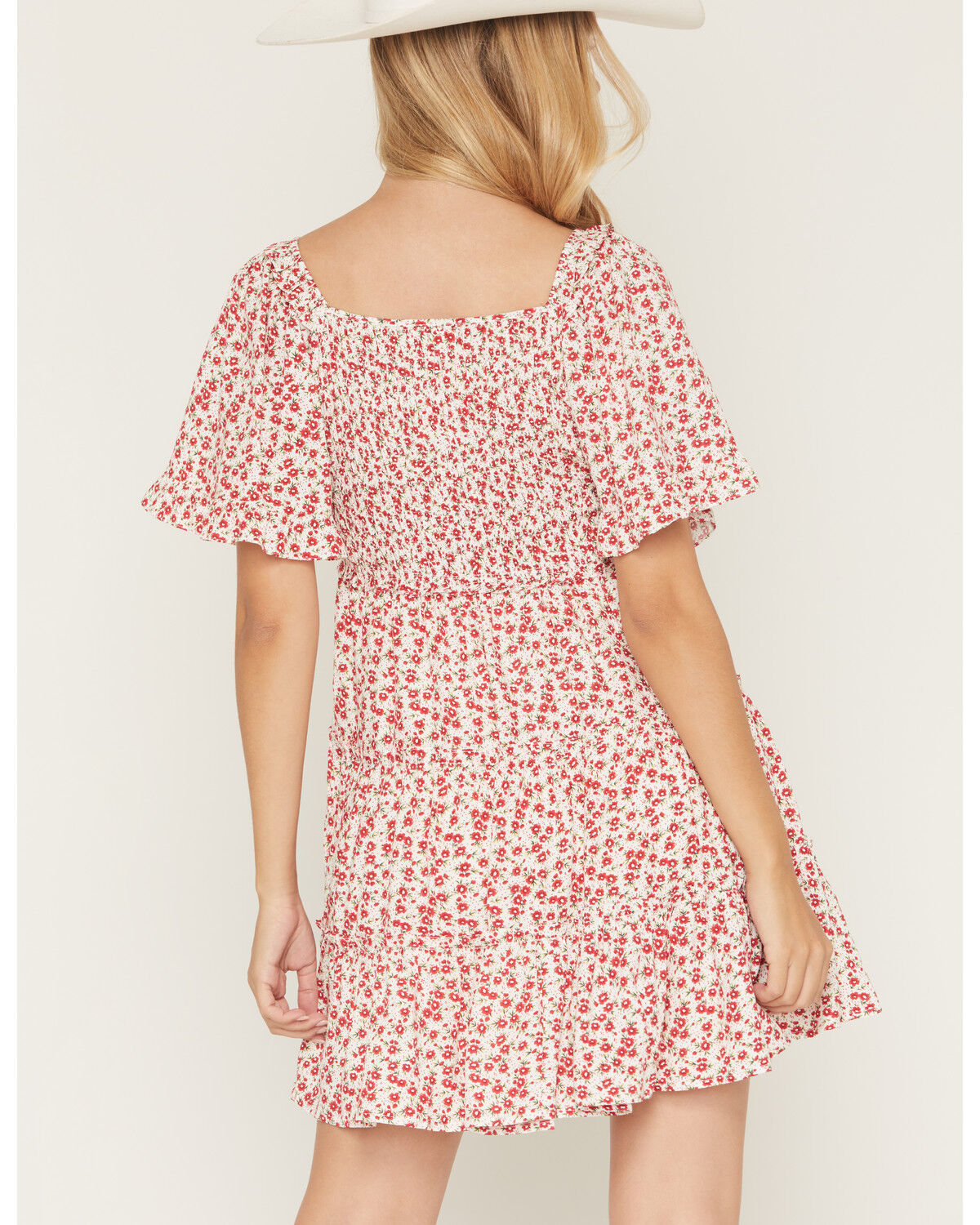 Image #4 - Yura Women's Boot Barn Exclusive Ditsy Floral Smocked Mini Dress, Red, hi-res