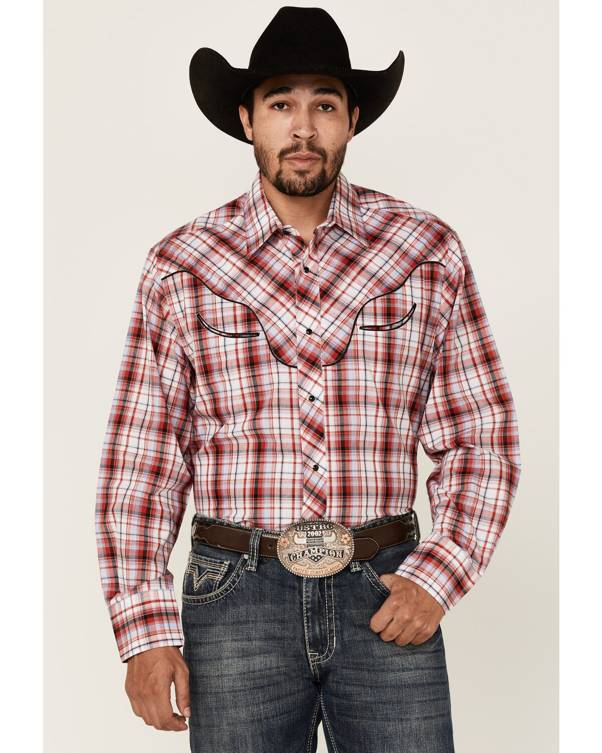 Roper Men's Plaid Print Embroidered Applique Long Sleeve Snap Western Shirt, Red, hi-res