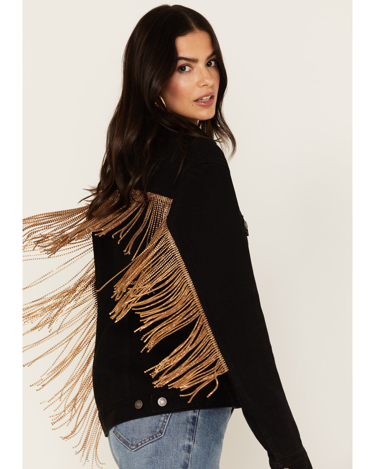 Image #2 - The Harley Jacket by Daniel Diamond: Women's Black Denim Jacket with Gold Fringe, Black, hi-res