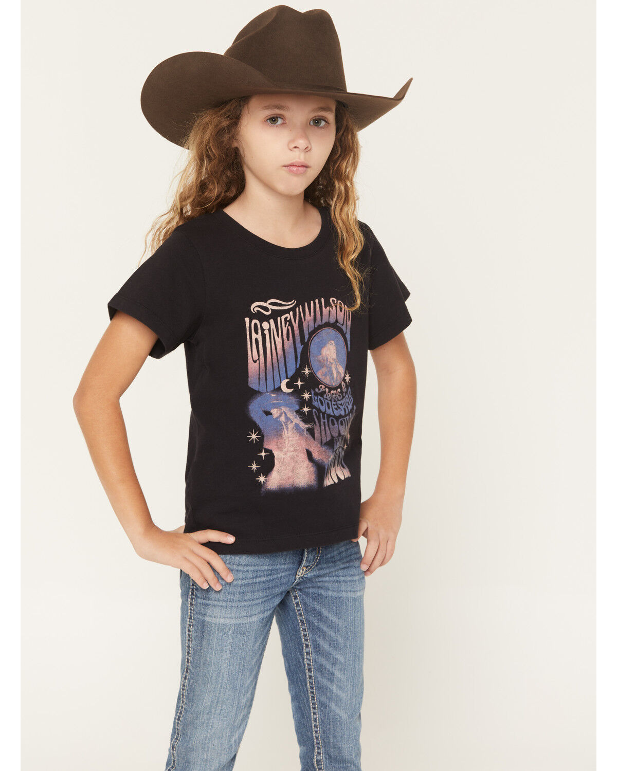 Image #1 - Wrangler X Lainey Wilson Girls' Shooting For The Moon Short Sleeve Graphic Tee, Black, hi-res