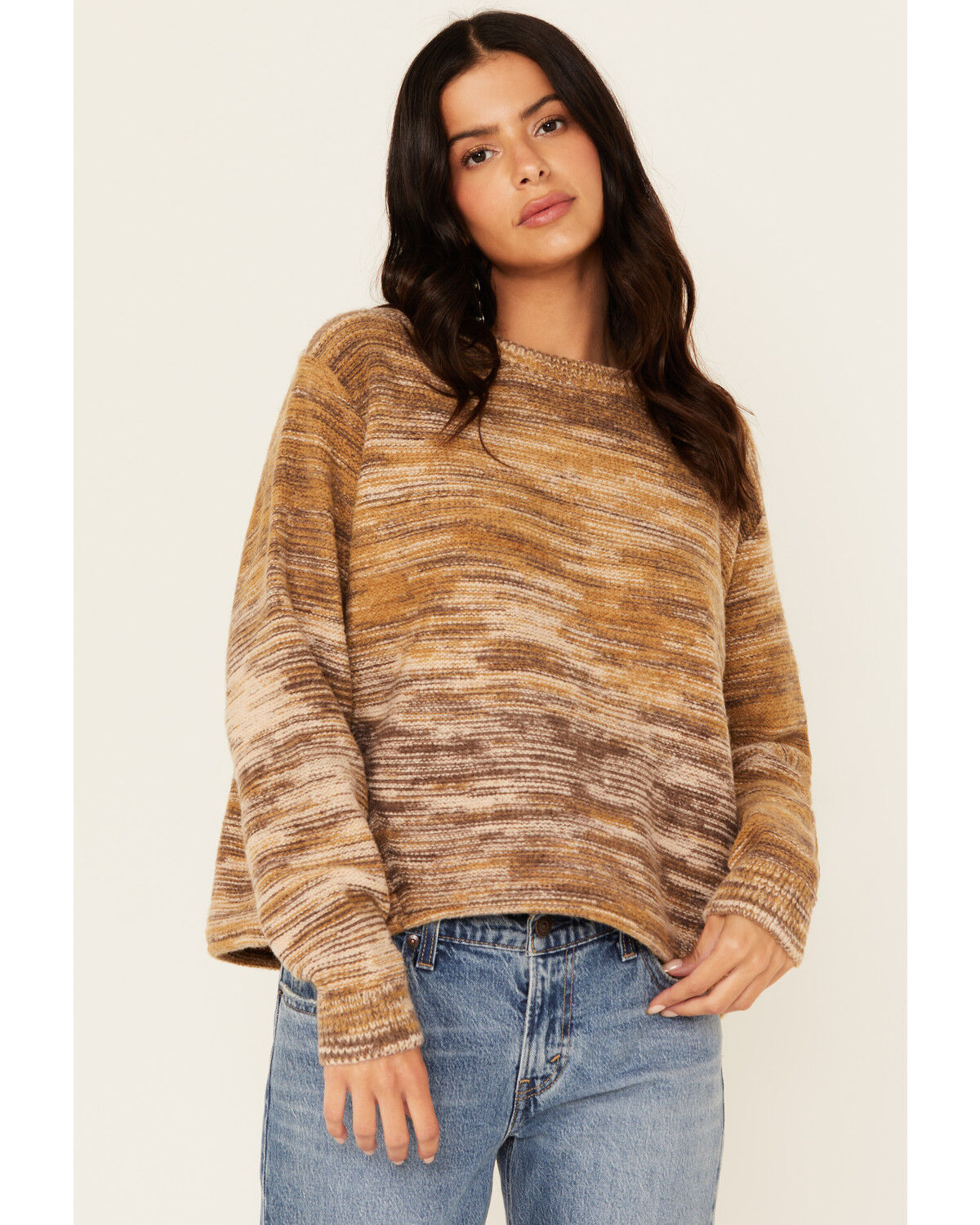 Cleo + Wolf Women's Spacedye Crew Neck Sweater, Brown, hi-res