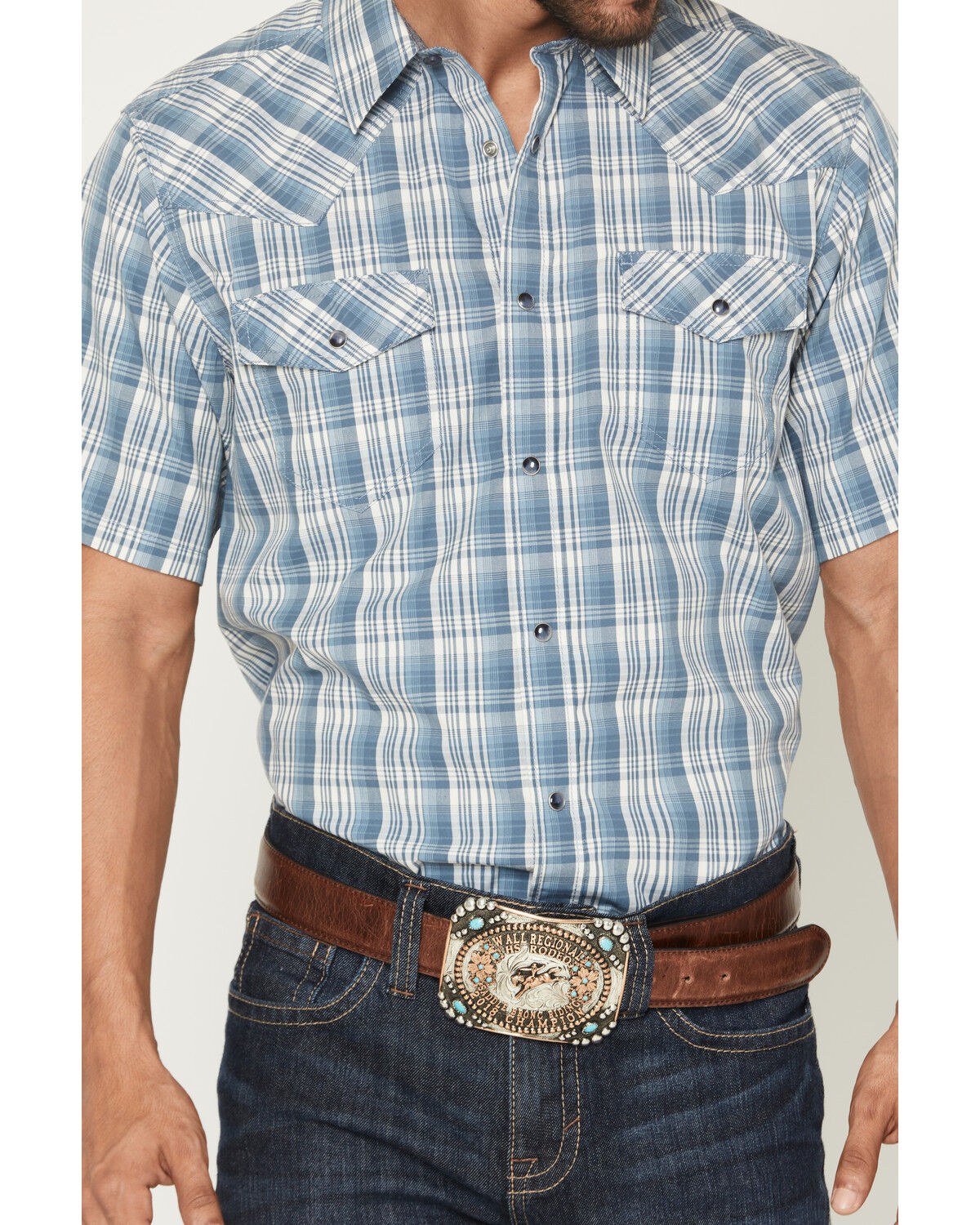 Image #3 - Cody James Men's Briggs Plaid Print Short Sleeve Snap Western Shirt, Blue, hi-res