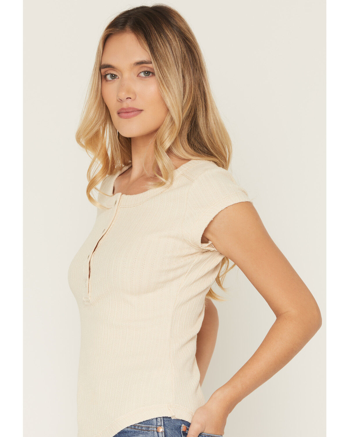 Image #2 - Shyanne Women's Solid Short Sleeve 1/4 Button-Down Shirt, Oatmeal, hi-res